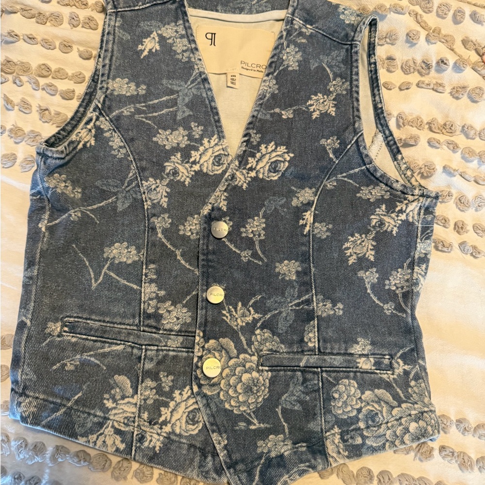 Pilcro Blue Floral Denim Vest